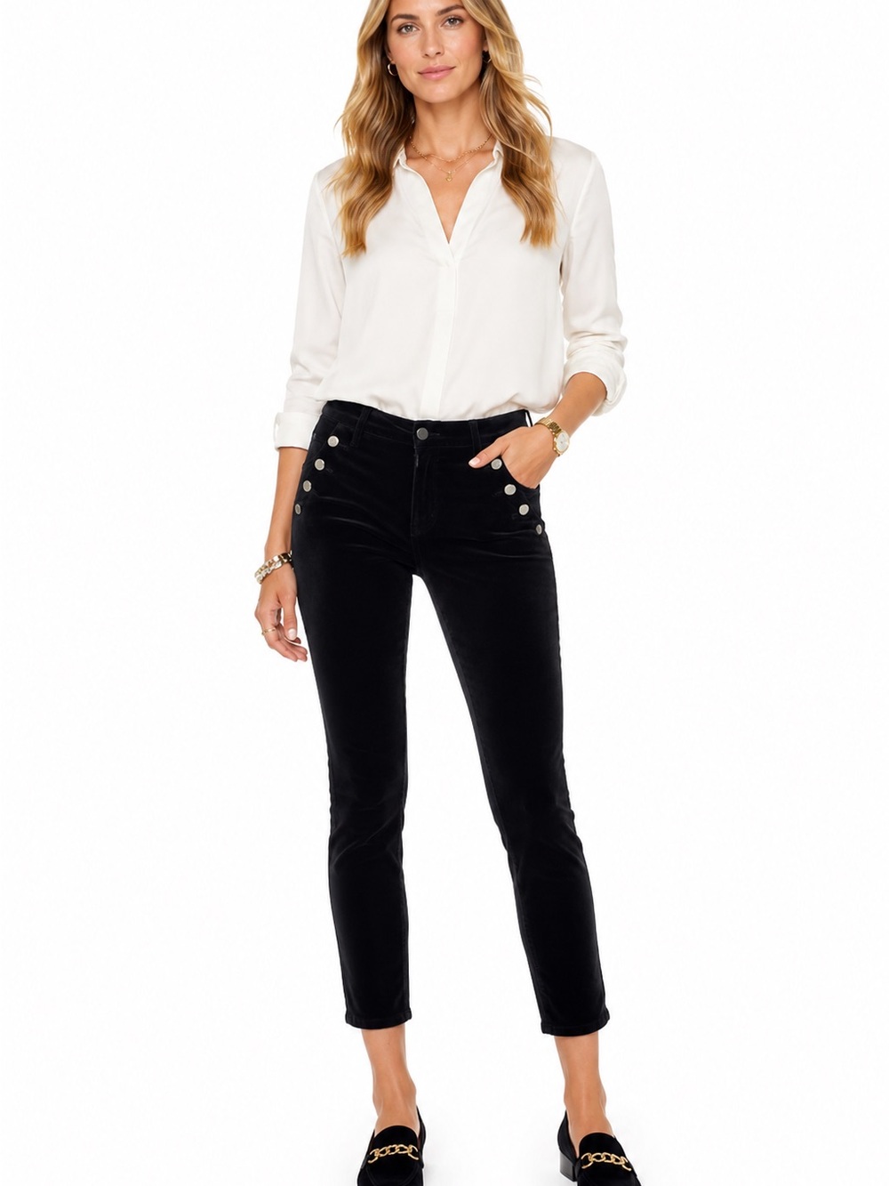 Ramy Brook Cotton Velveteen Helena Skinny Jeans Sailor Buttons Black Size 26 - Picture 2 of 15